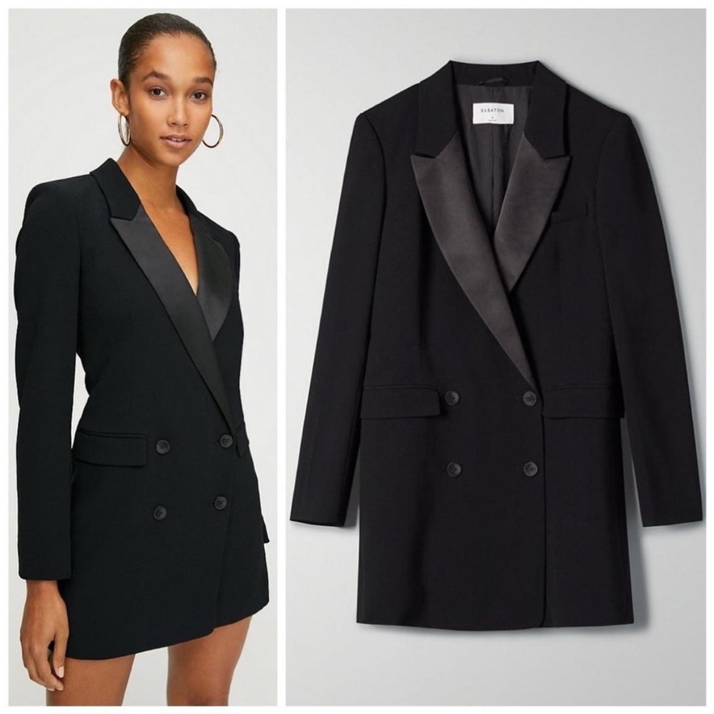 Aritzia Black Double-Breasted Satin-Lapel Blazer Dress